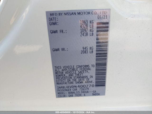 1N4BL4EV0PN400770 Nissan Altima Sl Fwd