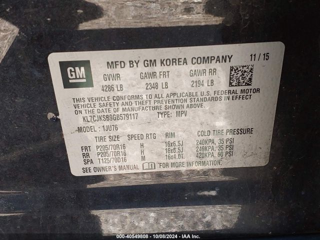 KL7CJKSB9GB579117 Chevrolet Trax 1ls