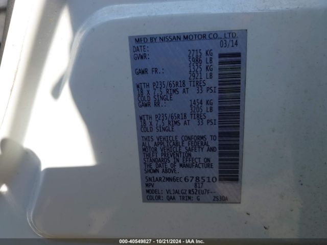 5N1AR2MN6EC678510 Nissan Pathfinder Platinum/s/sl/sv