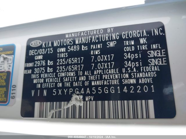 5XYPG4A55GG142201 KIA Sorento 3.3l Lx