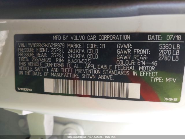 LYV102RK9KB218979 Volvo Xc60 T5 Momentum