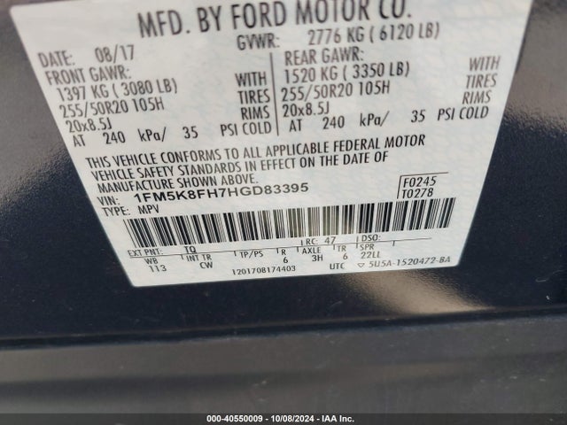 Ford Explorer Limited 2017 1FM5K8FH7HGD83395 Image 9