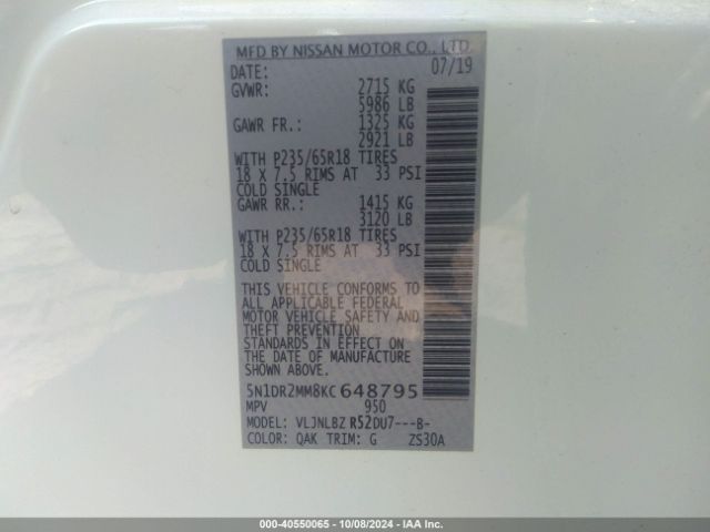 5N1DR2MM8KC648795 Nissan Pathfinder S