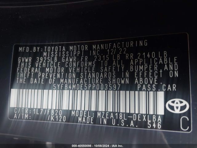 5YFB4MDE5PP003597 Toyota COROLLA LE
