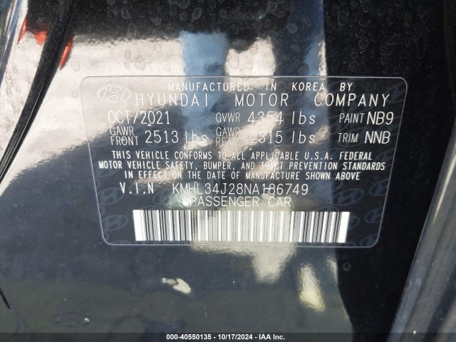 Hyundai Sonata Limited 2022 KMHL34J28NA186749 Image 9