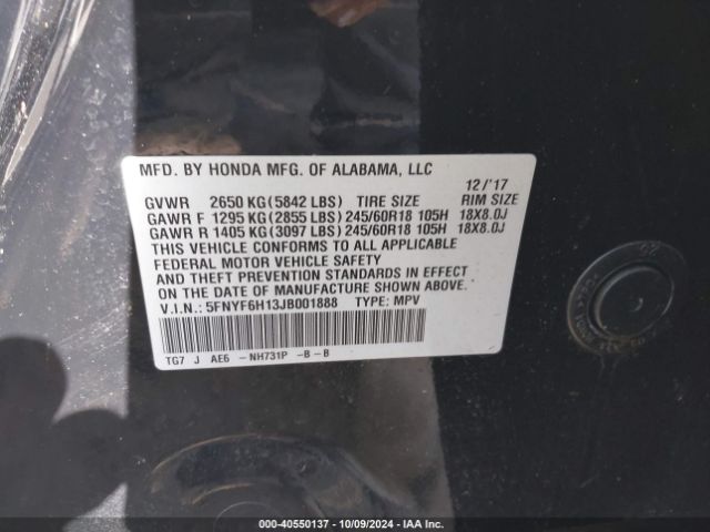5FNYF6H13JB001888 Honda PILOT LX