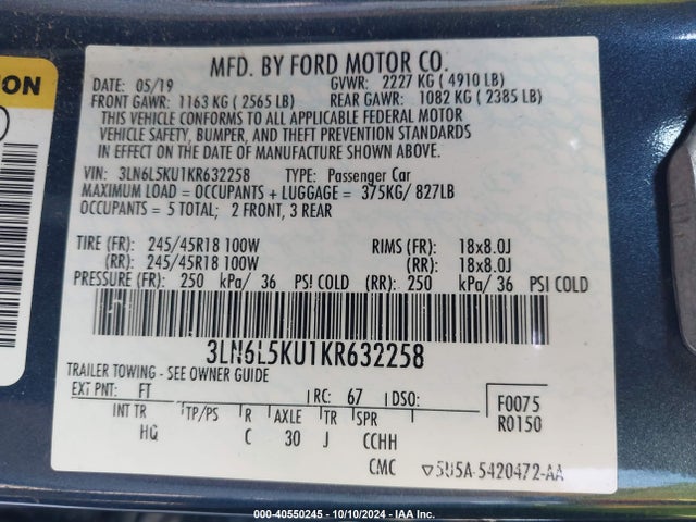 2019 Lincoln Mkz Hybrid Standard მანქანა იყიდება აუქციონზე, vin: 3LN6L5KU1KR632258, აუქციონის ნომერი: 40550245