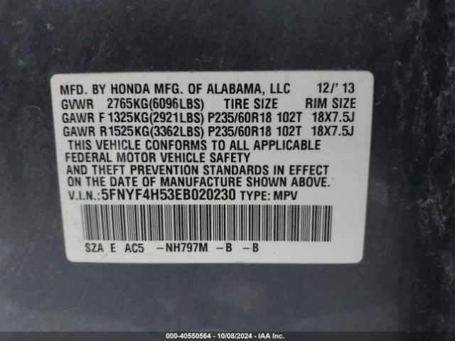 5FNYF4H53EB020230 Honda Pilot Ex-l