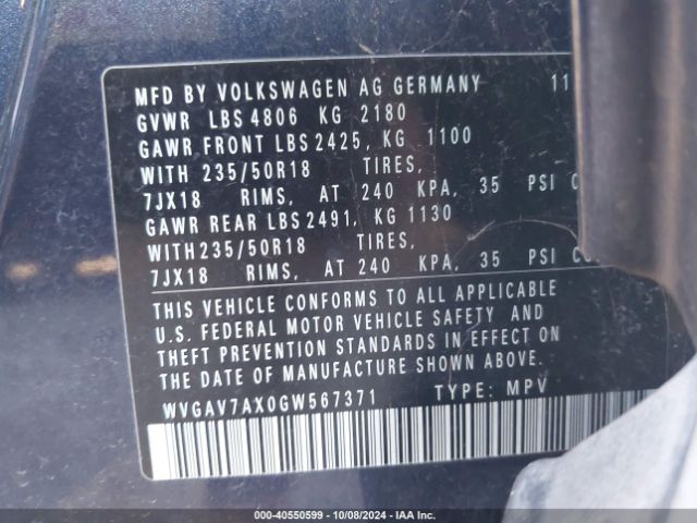 WVGAV7AX0GW567371 Volkswagen TIGUAN SE