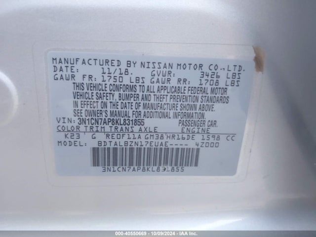 Nissan Versa 1.6 Sv 2019 3N1CN7AP8KL831855 Image 9