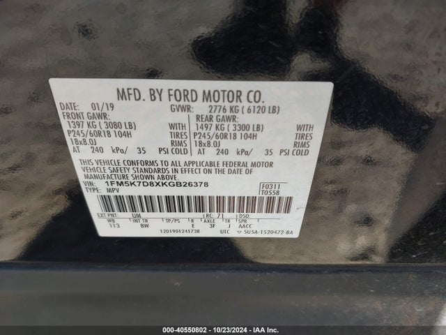 Ford EXPLORER XLT 2019 1FM5K7D8XKGB26378 Image 9