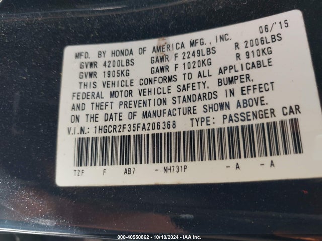 Honda ACCORD LX 2015 1HGCR2F35FA206368 Image 9