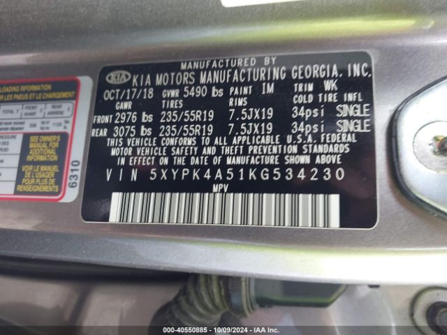 5XYPK4A51KG534230 KIA Sorento 3.3l Sx