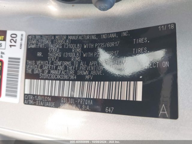 5TDYZ3DCXKS987964 Toyota Sienna Xle 8 Passenger