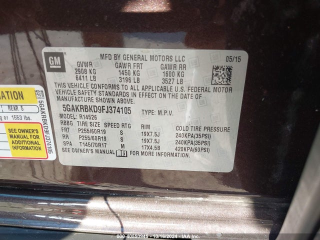 Buick Enclave Leather 2015 5GAKRBKD9FJ374105 Image 9