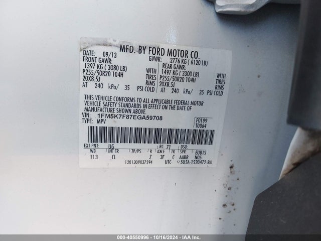 Ford Explorer Limited 2014 1FM5K7F87EGA59708 Image 9