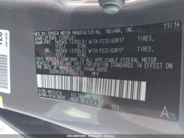 5TDYK3DCXFS551710 Toyota Sienna Xle 8 Passenger