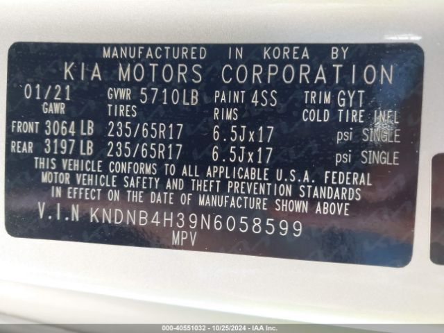 KNDNB4H39N6058599 KIA Carnival Mpv Lx Seat Package