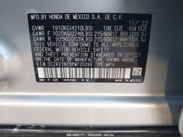 3CZRZ1H75PM720268 Honda Hr-v 2wd Ex-l
