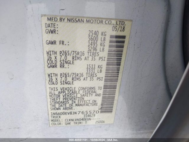 1N6AD0EV8JN765570 Nissan Frontier Pro-4x