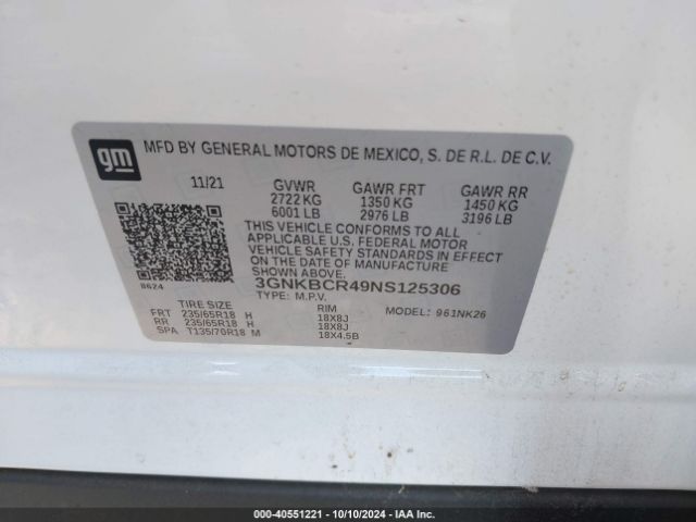 3GNKBCR49NS125306 Chevrolet Blazer Fwd 2lt