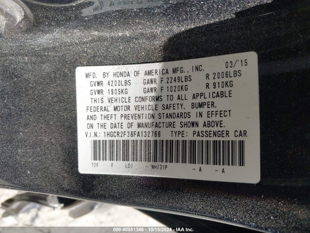 Honda ACCORD LX 2015 1HGCR2F38FA132766 Image 9