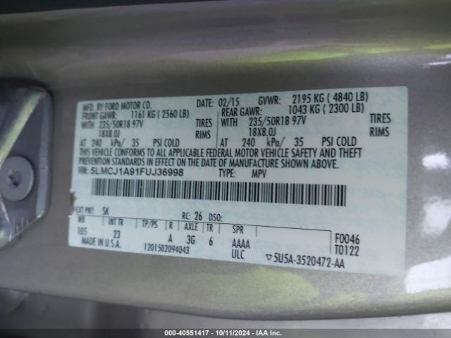 5LMCJ1A91FUJ36998 Lincoln MKC