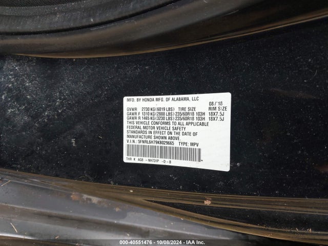 Honda Odyssey Ex-l 2019 5FNRL6H79KB029665 Image 9