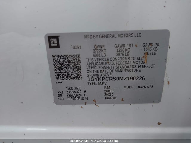 1GYKPCRS0MZ190226 Cadillac Xt6 Premium Luxury