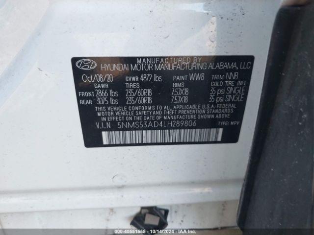 5NMS53AD4LH289806 Hyundai Santa Fe Limited