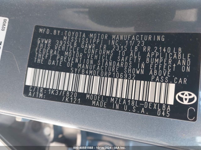 Toyota COROLLA LE 2024 5YFB4MDE0RP106932 Image 9