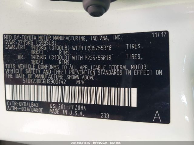 5TDYZ3DC6HS900442 Toyota Sienna Limited Premium 7 Passenger
