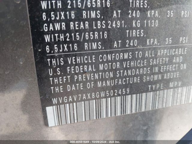 WVGAV7AX8GW502459 Volkswagen TIGUAN S