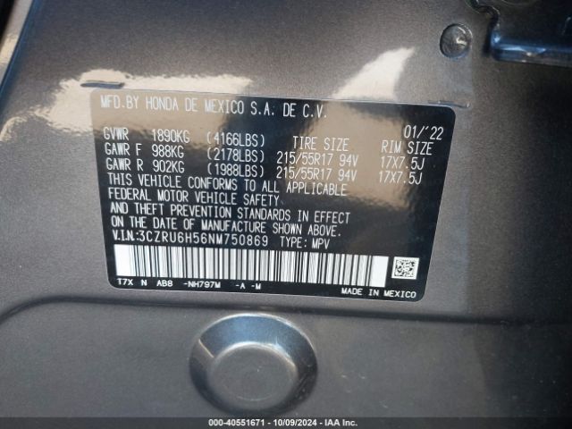 3CZRU6H56NM750869 Honda Hr-v Awd Ex
