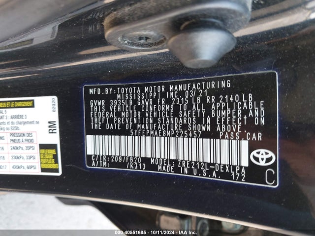 Toyota COROLLA LE 2021 5YFEPMAE8MP225457 Image 9