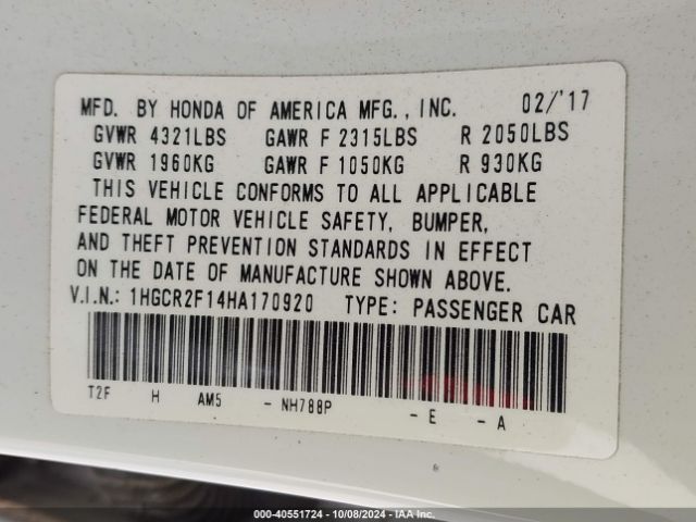 1HGCR2F14HA170920 Honda Accord Sport Se