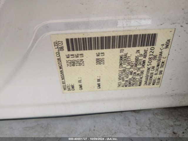 1N4AA6FVXNC508320 Nissan Maxima Platinum Xtronic Cvt