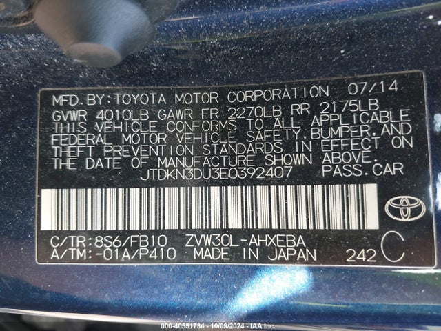 Toyota Prius Two 2014 JTDKN3DU3E0392407 Image 9