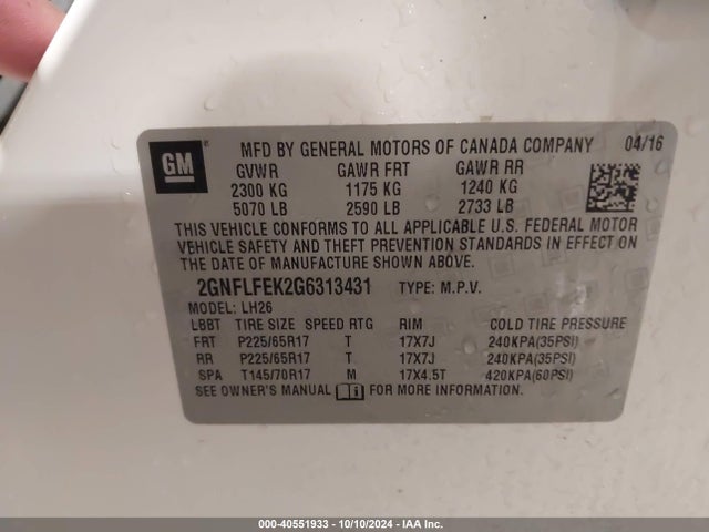 Chevrolet EQUINOX LT 2016 2GNFLFEK2G6313431 Image 9