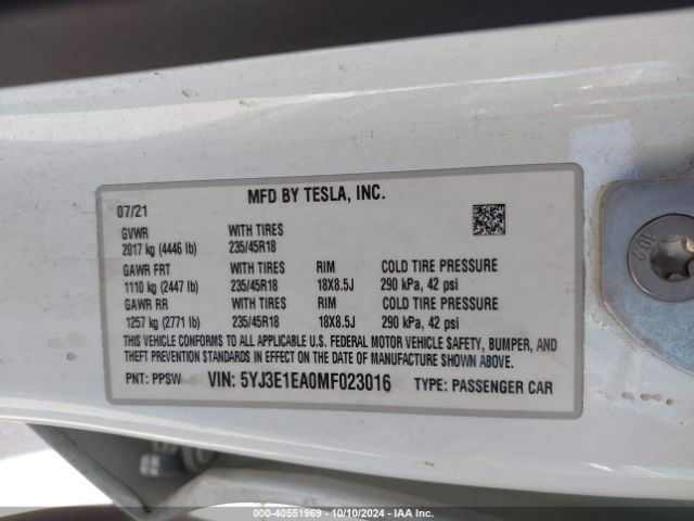 5YJ3E1EA0MF023016 Tesla Model 3 Standard Range Plus Rear-wheel Drive