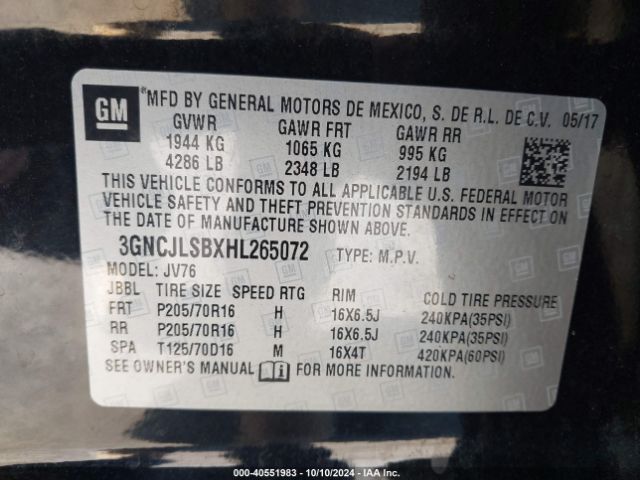 3GNCJLSBXHL265072 Chevrolet Trax Lt