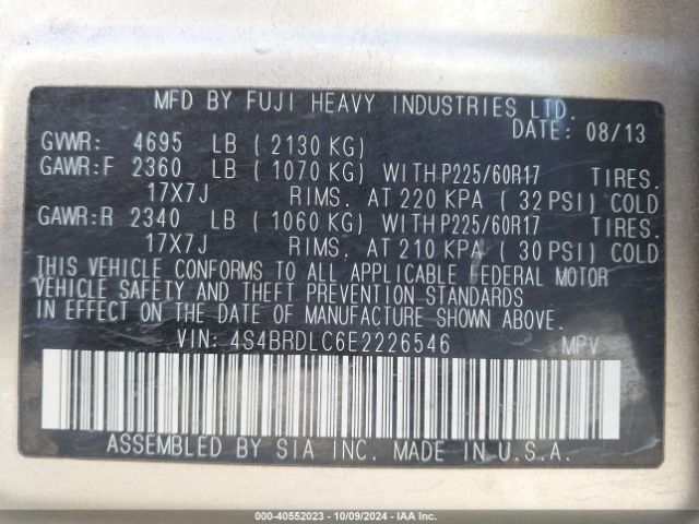 4S4BRDLC6E2226546 Subaru Outback 3.6r Limited