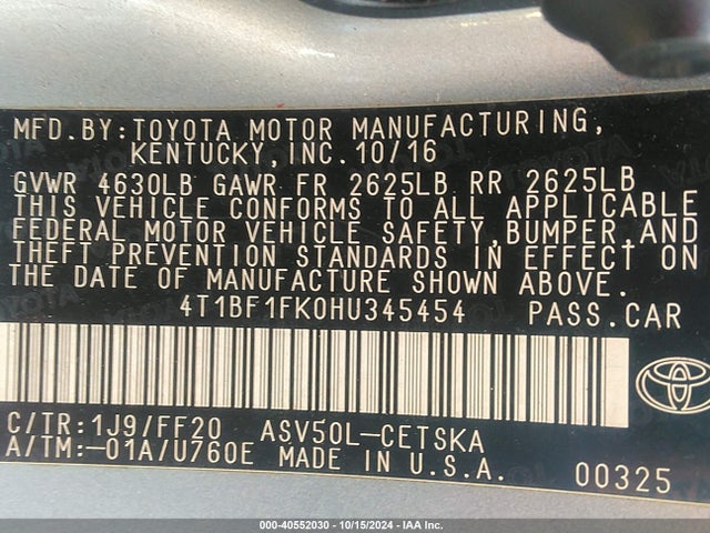 Toyota CAMRY SE 2017 4T1BF1FK0HU345454 Image 9