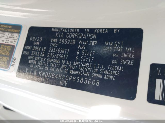 KNDNB4H30R6385608 KIA Carnival Mpv Lx Seat Package