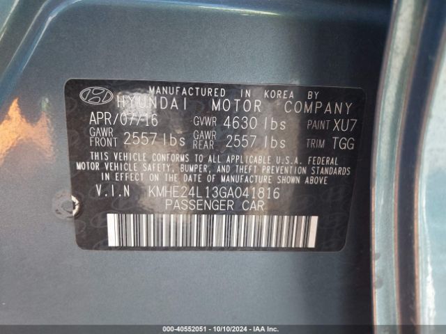 KMHE24L13GA041816 Hyundai Sonata Hybrid Se