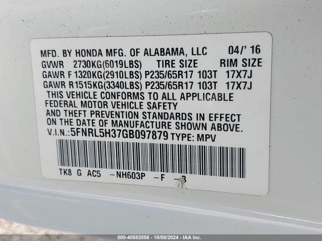 Honda ODYSSEY SE 2016 5FNRL5H37GB097879 Image 9
