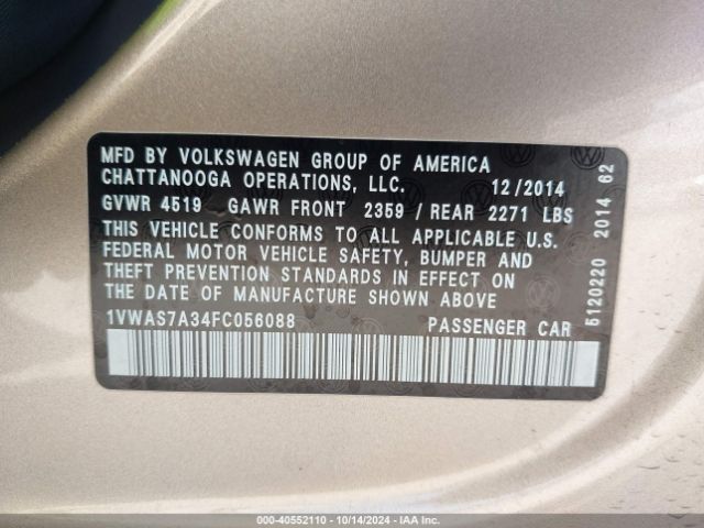 1VWAS7A34FC056088 Volkswagen Passat 1.8t Wolfsburg Edition
