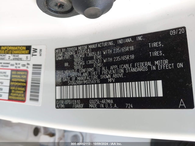 Toyota Highlander Xle 2021 5TDGZRBH1MS056916 Image 9