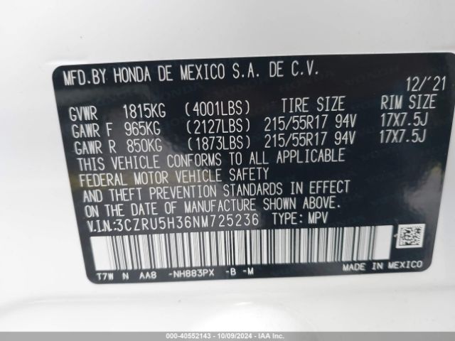 3CZRU5H36NM725236 Honda Hr-v 2wd Lx