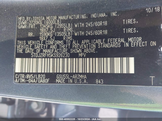 5TDJZRFH5KS926230 Toyota Highlander Xle